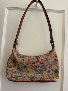Fossil Multicolor Butterfly & Stamp Print Shoulder Bag with Brown Strap